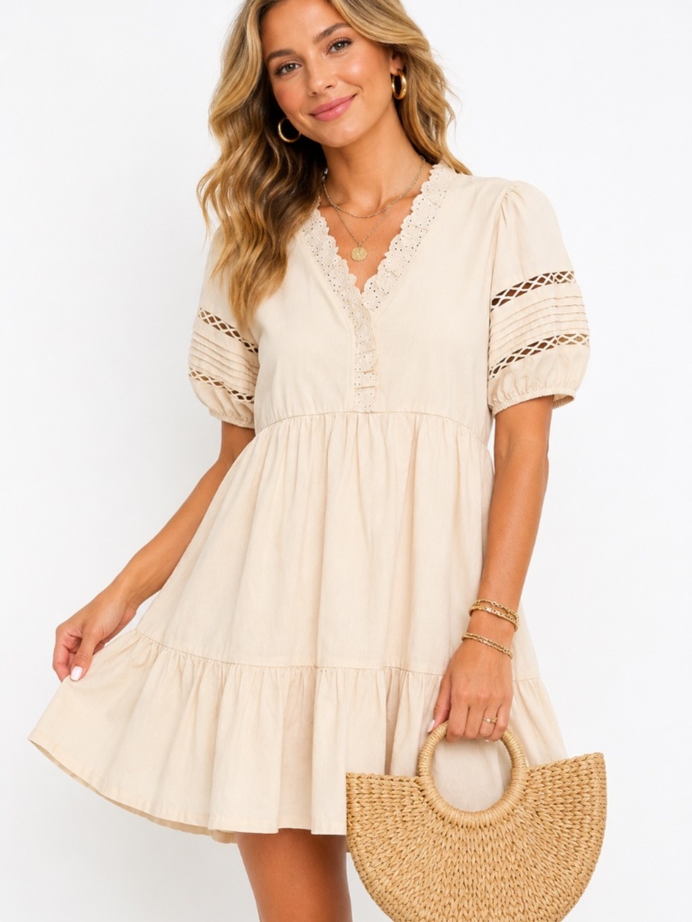 Umgee Cream Lace Trim Mini Dress Cotton Boho Neutral Babydoll NWT